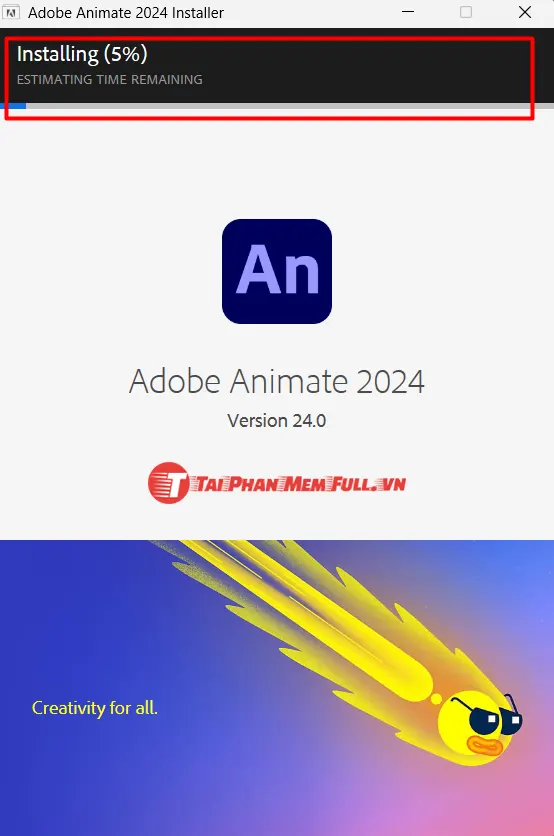 Quá trình cài đặt Adobe Animate đang diễn ra