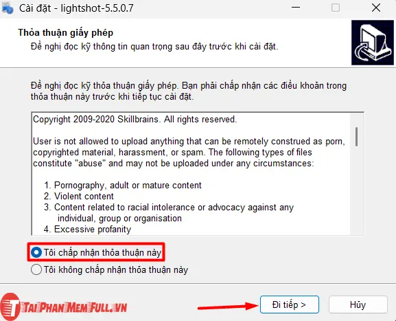 Chấp nhận điều khoản sử dụng phần mềm LightShot