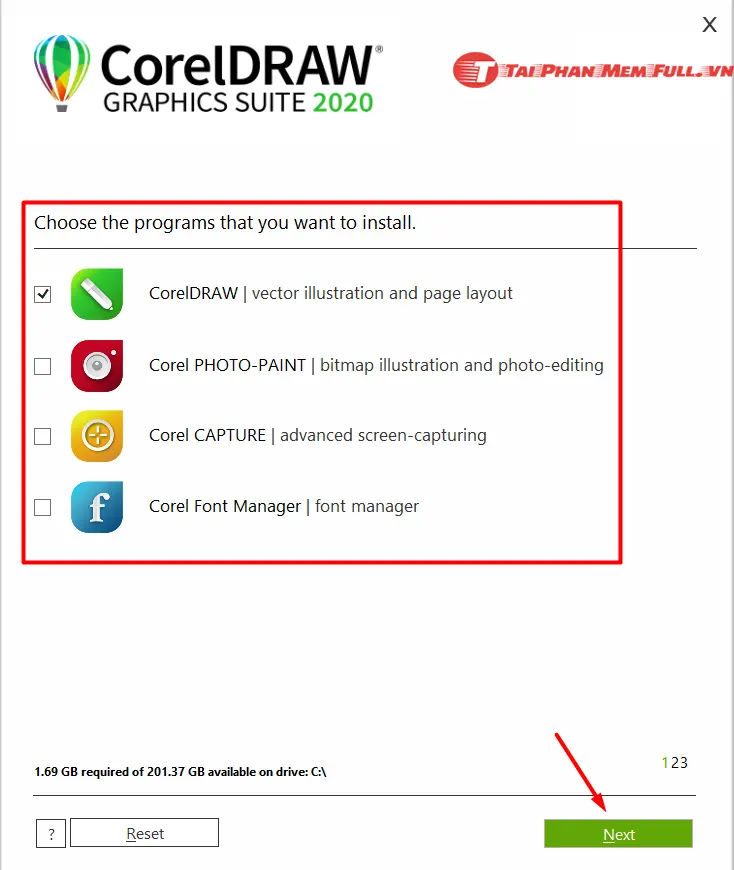 Lựa chọn các ứng dụng muốn cài đặt
