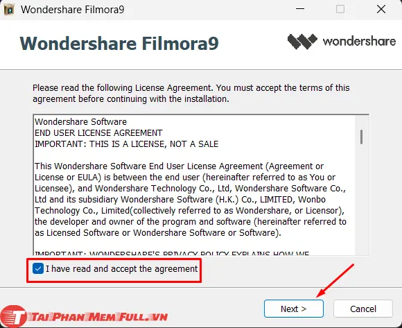 Chấp nhận điều khoản cài đặt filmora 9