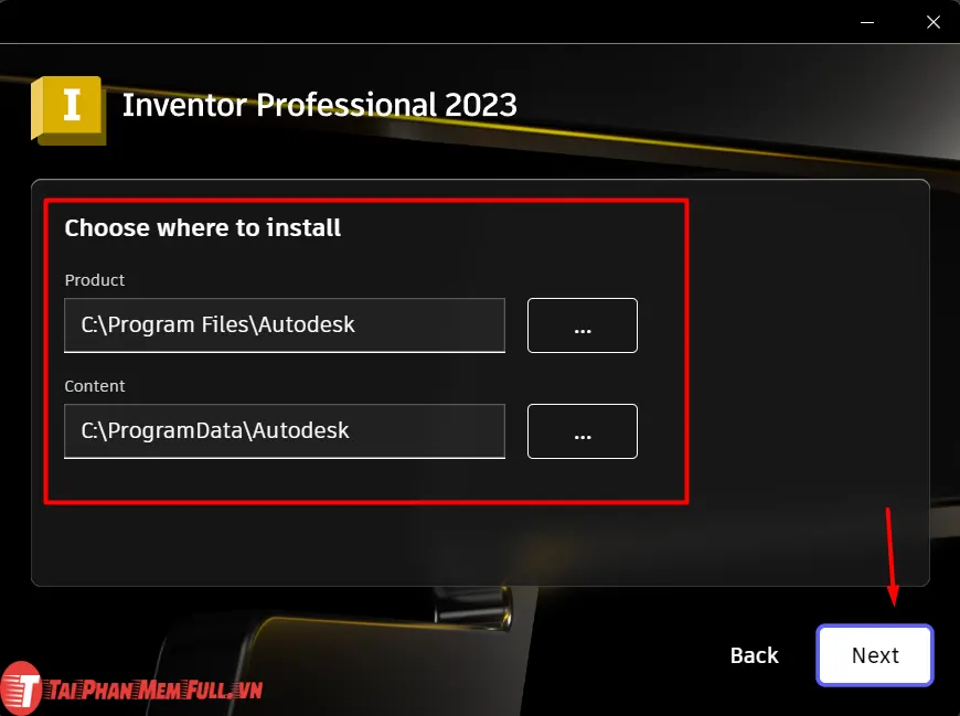 Lựa chọn đường dẫn cài đặt phần mềm Inventor trên ổ đĩa máy tính