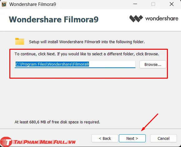 Chọn đường dẫn cài đặt filmora 9 full crack