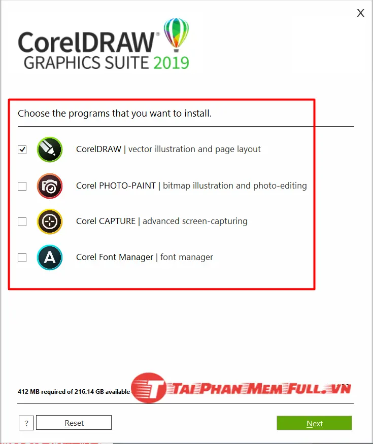 Lựa chọn các thành phần cài đặt