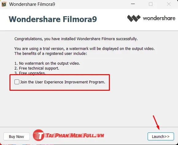 Bỏ chọn user experience khi cài xong filmora 9