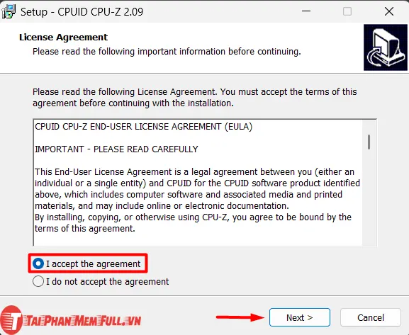 Chọn I accept the agreement để đồng ý với điều khoản cài đặt CPU-Z