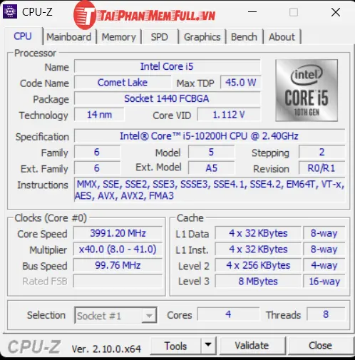 Giao diện hiển thị các thông số phần cứng chi tiết của phần mềm CPU-Z