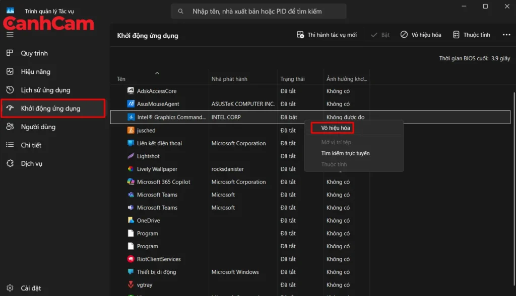 Vô hiệu hóa các ứng dụng khởi động cùng Windows trong tab Startup