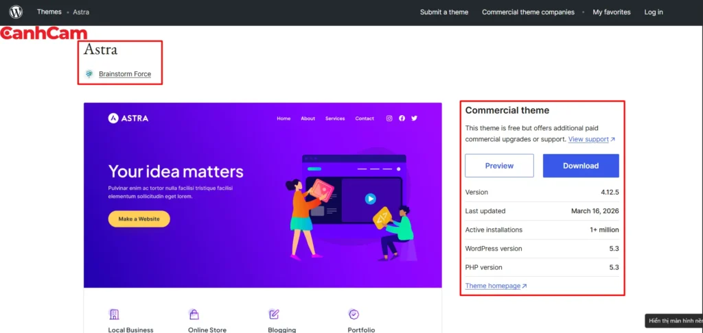 Giao diện trang Astra làm mẫu web bán hàng