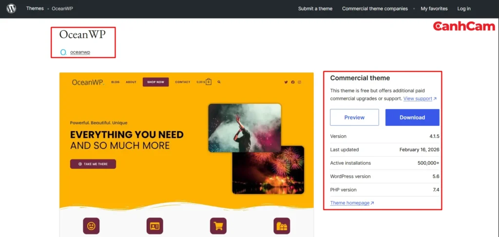 Giao diện trang OceanWP làm mẫu web bán hàng