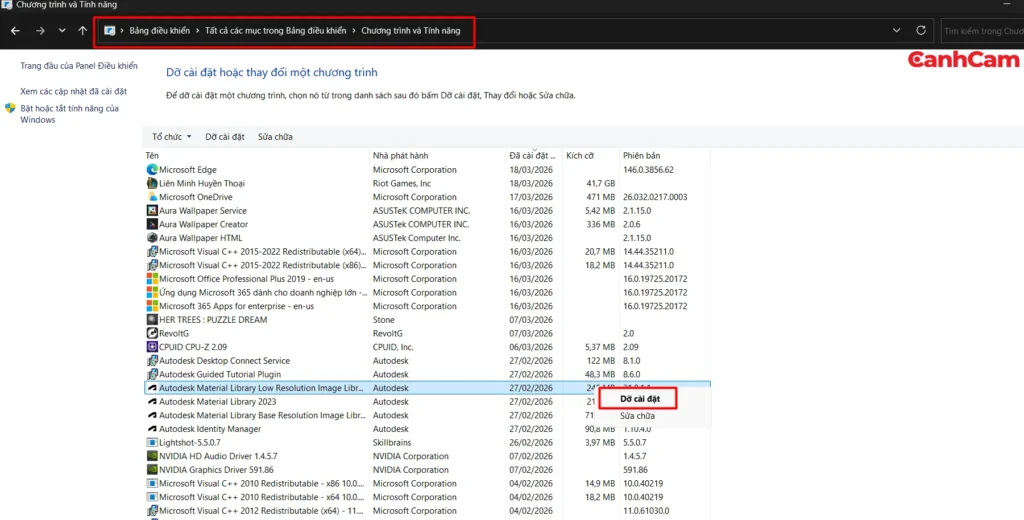 Gỡ bỏ các phần mềm không còn sử dụng bằng Control Panel