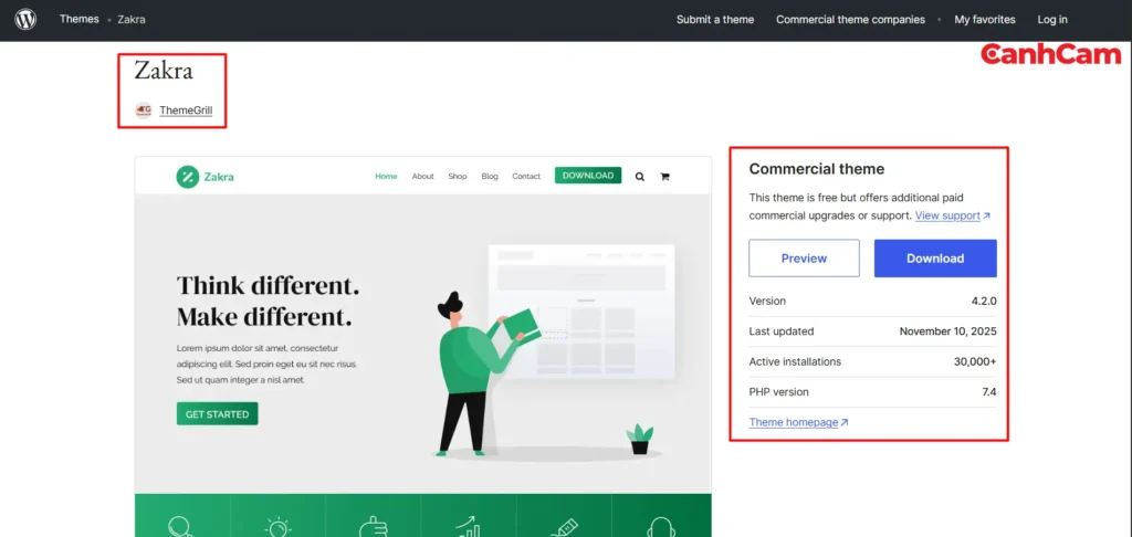 Giao diện trang Zakra mẫu web bán hàng miễn phí