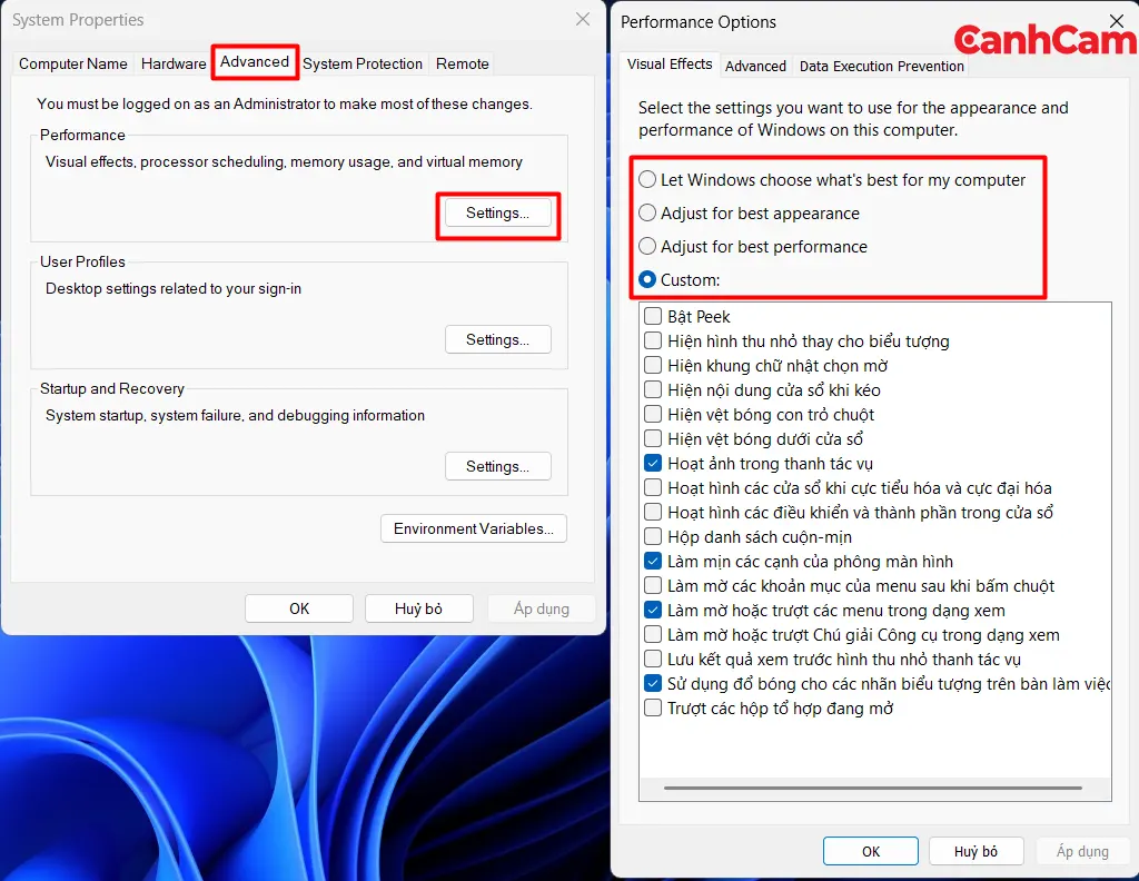 Tắt các hiệu ứng hình ảnh (Visual Effects) không cần thiết để tăng tốc máy