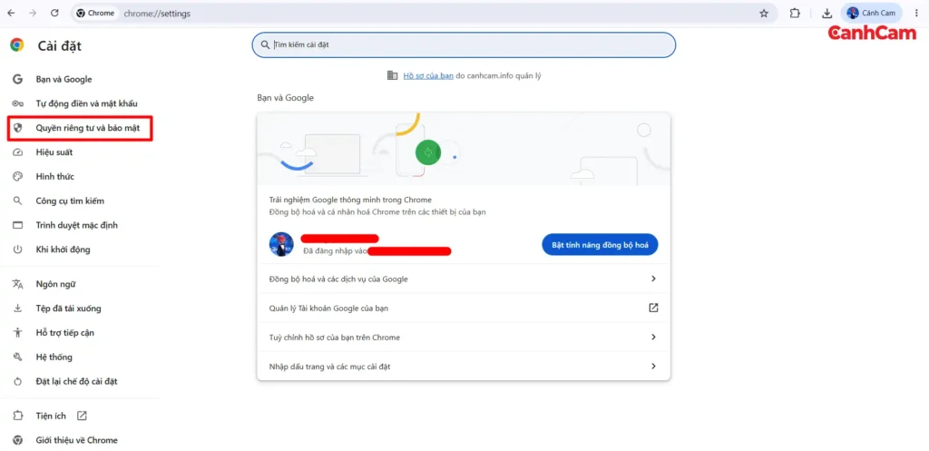 Vào cài đặt google chọn "quyền riêng tư và bảo mật"