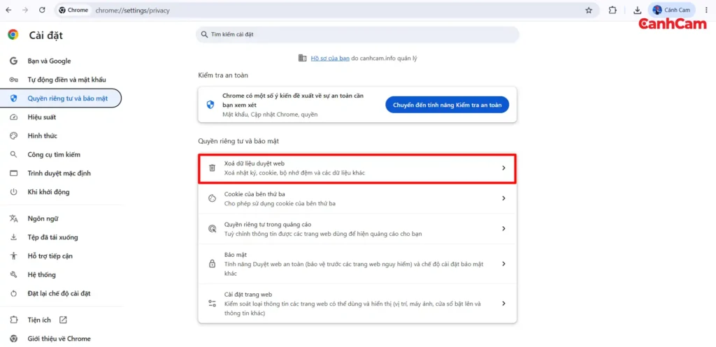 Chọn "Xóa dữ liệu duyệt web"