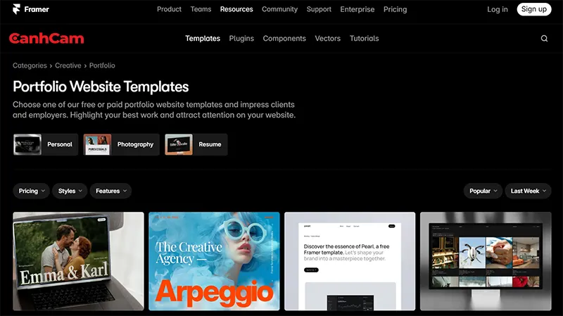 Mẫu Templates Portfolio của Framer tham khảo
