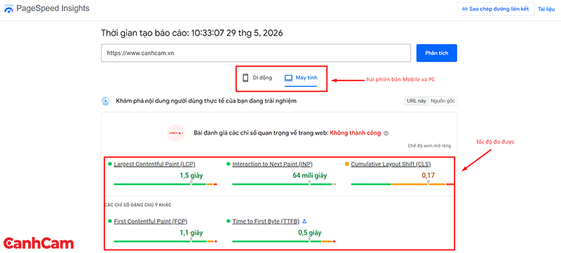 Ví dụ check website bằng PageSpeed Insights