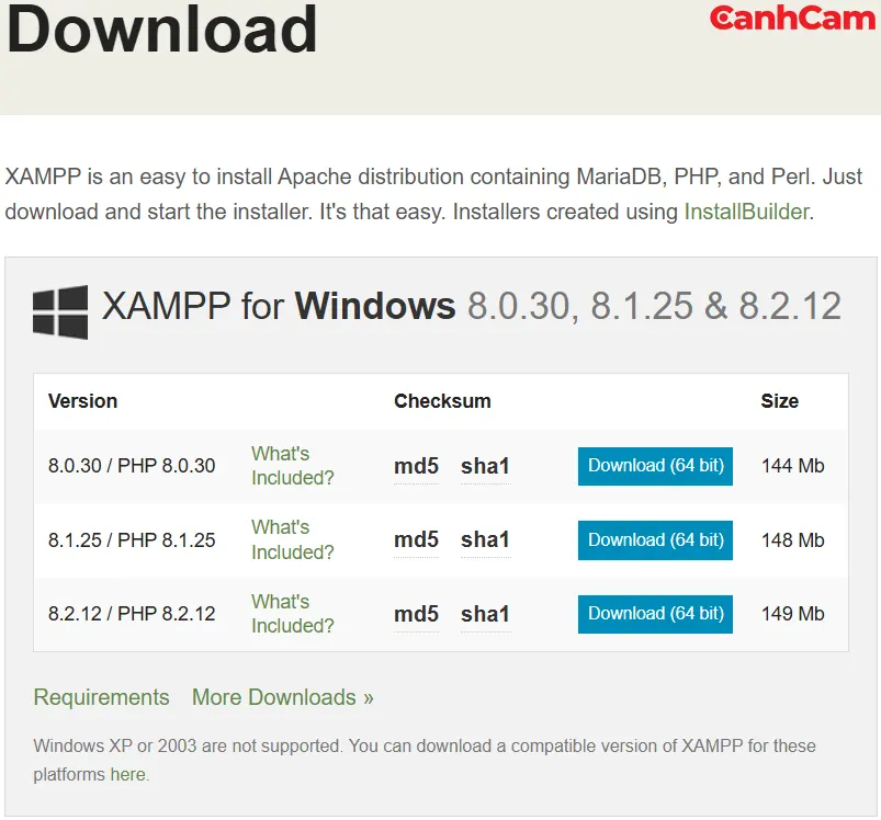 Trang chủ download chính thức của XAMPP