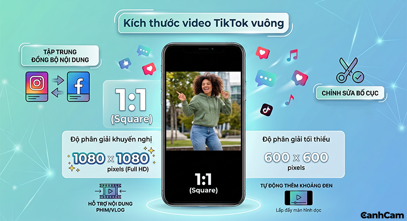 Kích thước video TikTok vuông (Tỷ lệ 1:1)