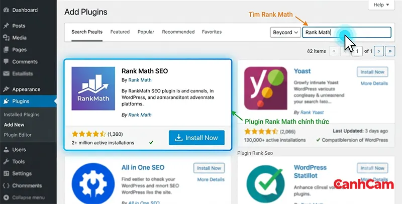 Tìm từ khóa Rank Math trong mục tìm kiếm plugin